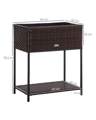 Jardinière sur pieds avec étagère - résine tressée aspect rotin marron