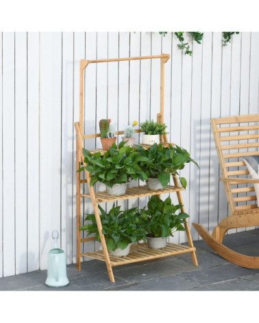 Étagère échelle à fleurs en bois de bambou 3 étagères + barre support