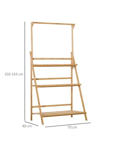 Étagère échelle à fleurs en bois de bambou 3 étagères + barre support