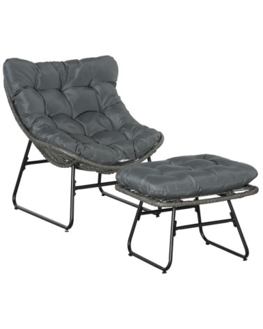 Fauteuil de jardin avec repose-pieds et coussins métal résine gris