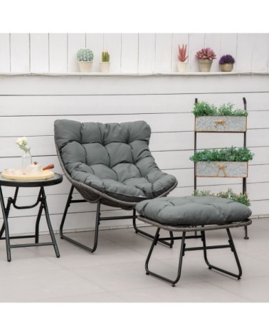 Fauteuil de jardin avec repose-pieds et coussins métal résine gris