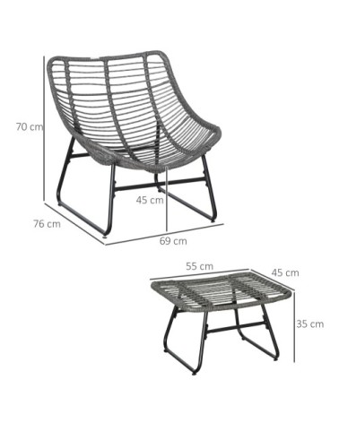 Fauteuil de jardin avec repose-pieds et coussins métal résine gris