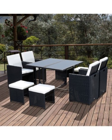 Salon de jardin encastrable 8 personnes 9 pièces résine tressée noir