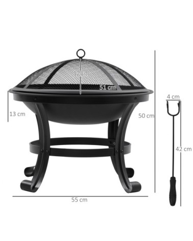 Brasero boule de feu grille charbon couvercle tisonnier acier noir