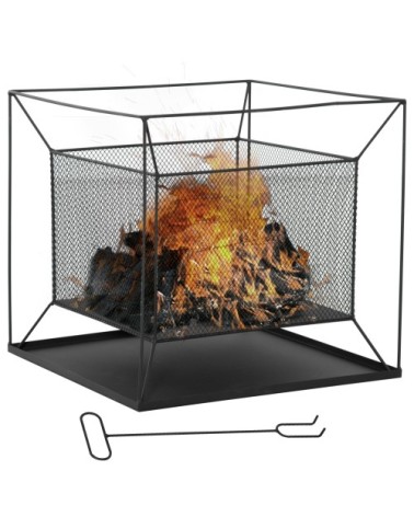 Brasero cheminée foyer extérieur carré avec tisonnier métal noir
