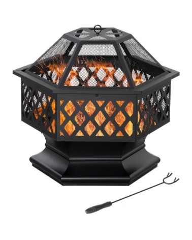 Brasero hexagonal pare-étincelles avec tisonnier acier noir