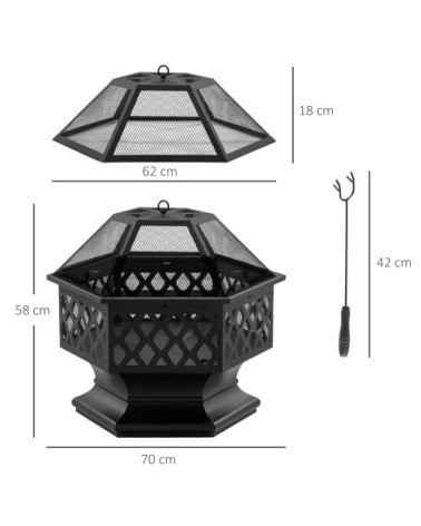 Brasero hexagonal pare-étincelles avec tisonnier acier noir