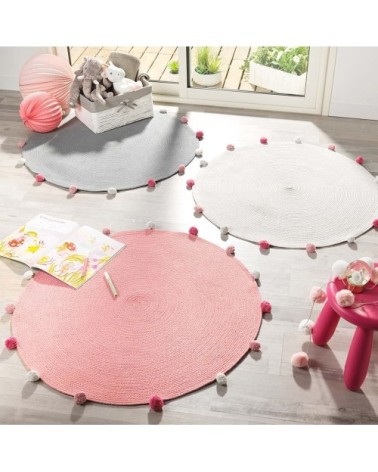 Tapis rond pompons rose dragée D90cm