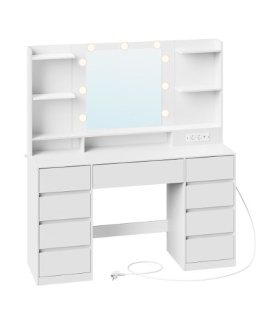 Coiffeuse avec miroir 9 tiroirs 9 ampoules éclairage 3 couleurs blanc