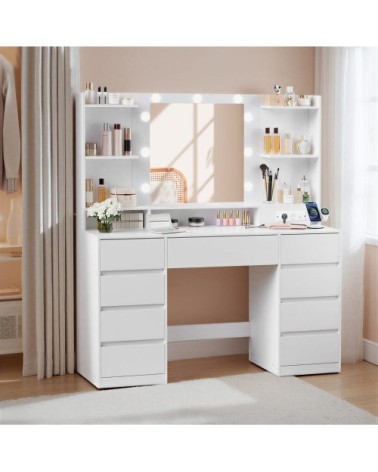 Coiffeuse avec miroir 9 tiroirs 9 ampoules éclairage 3 couleurs blanc