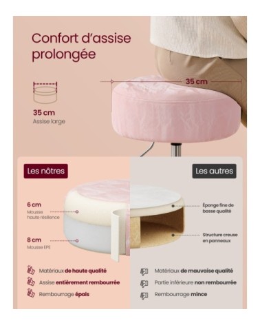 Tabouret de maquillage réglable en hauteur pivotant à 360 degrés rose