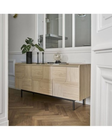 Buffet 3 portes effet bois clair et pieds en métal noir