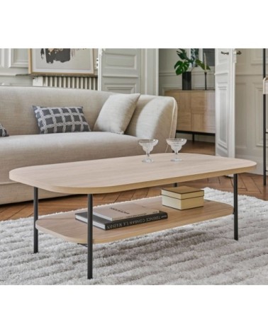 Table basse effet bois clair et pieds en métal noir