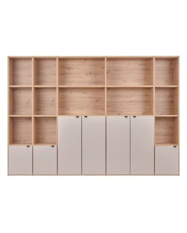Bibliothèque 7 portes effet bois clair et blanc
