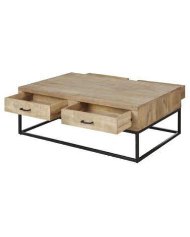 Table basse 4 tiroirs en bois de manguier et métal noir