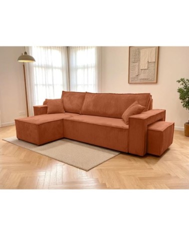 Canapé d'angle convertible avec un pouf en velours côtelé - terracotta