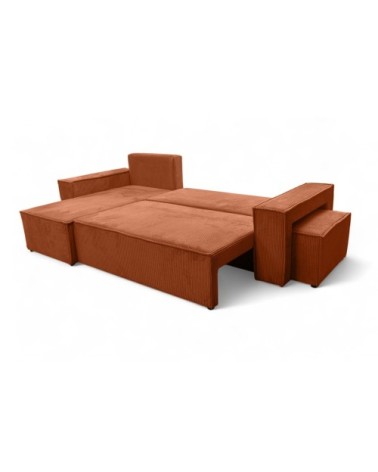 Canapé d'angle convertible avec un pouf en velours côtelé - terracotta