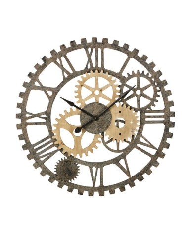 Horloge rouages en sapin et métal noir D100