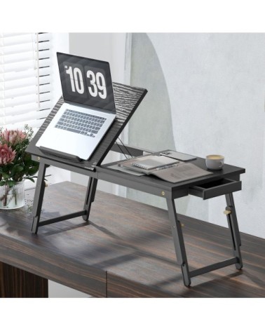 Table de lit pliable et réglable tiroir bambou noir