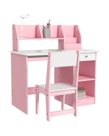 Ensemble bureau, chaise, étagère enfant multi-rangement rose