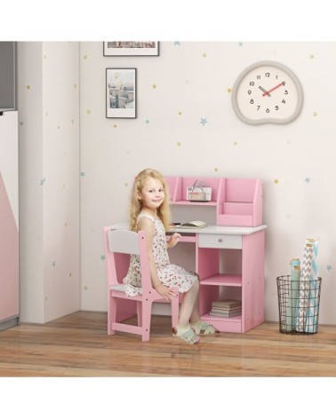 Ensemble bureau, chaise, étagère enfant multi-rangement rose