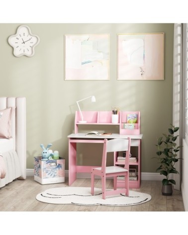 Ensemble bureau, chaise, étagère enfant multi-rangement rose