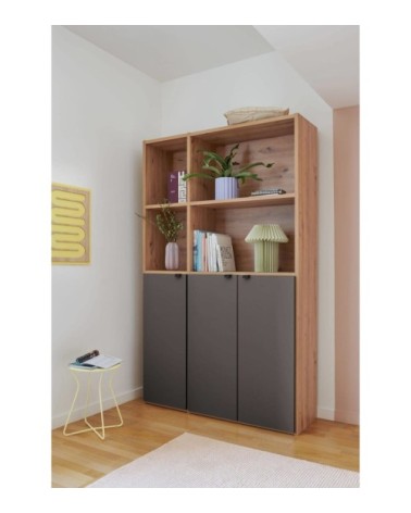 Bibliothèque 3 portes l129 cm effet bois carbone