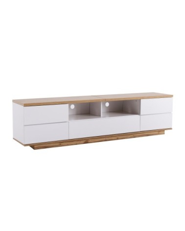 Meuble TV blanc et bois avec rangements et niches ouvertes