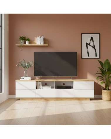Meuble TV blanc et bois avec rangements et niches ouvertes