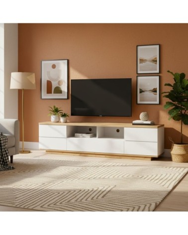 Meuble TV blanc et bois avec rangements et niches ouvertes
