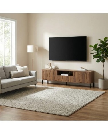 Meuble TV design bois naturel à portes sculptées