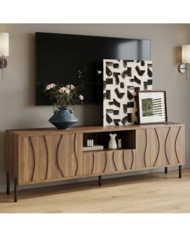 Meuble TV design bois naturel à portes sculptées