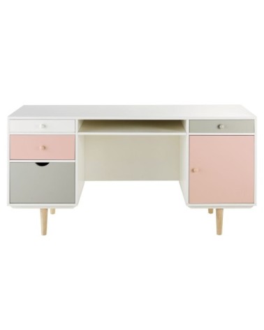 Bureau 1 porte 4 tiroirs blanc, gris et rose