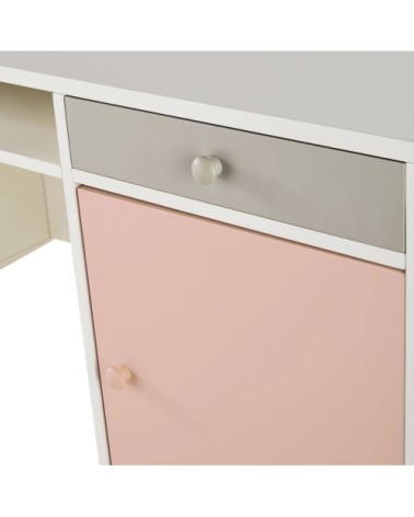 Bureau 1 porte 4 tiroirs blanc, gris et rose
