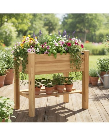 Jardinière surélevée avec tablette de rangement - bois - marron