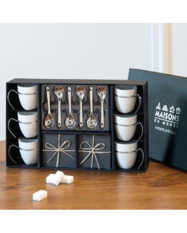 Coffret 6 tasses à café en porcelaine avec soucoupes + cuillères