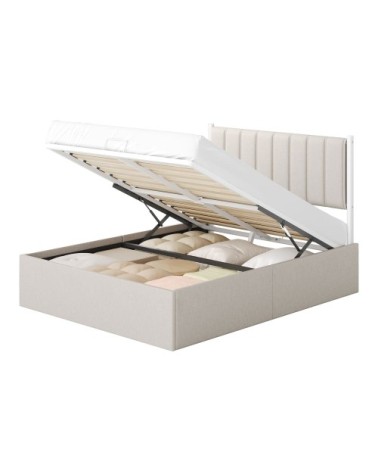 Lit coffre sommier relevable 140 x 190 cm beige tissu façon lin