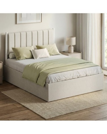 Lit coffre sommier relevable 140 x 190 cm beige tissu façon lin