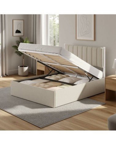 Lit coffre sommier relevable 140 x 190 cm beige tissu façon lin