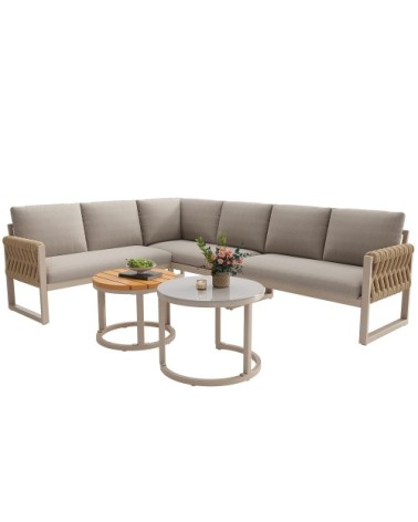 Salon de jardin beige 5-6 personnes 2 tables basses gigognes, coussins
