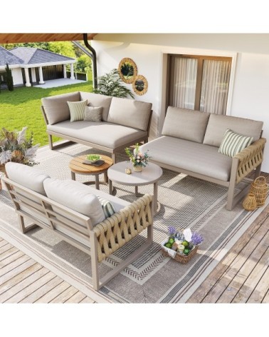 Salon de jardin beige 5-6 personnes 2 tables basses gigognes, coussins