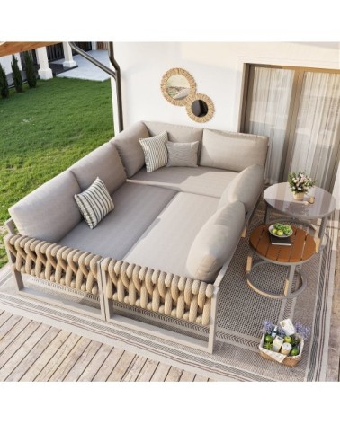 Salon de jardin beige 5-6 personnes 2 tables basses gigognes, coussins