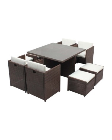 Table et chaises 8 places encastrables résine marron/blanc