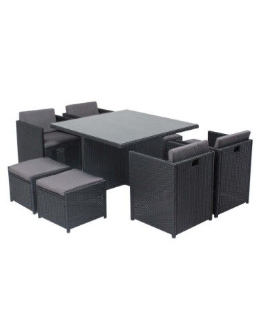 Table et chaises 8 places encastrables en résine noir/gris
