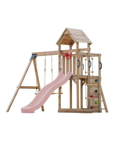 Aire de jeux avec toboggan, balançoire & échelle de corde, rose