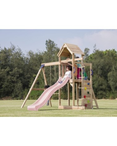 Aire de jeux avec toboggan, balançoire & échelle de corde, rose