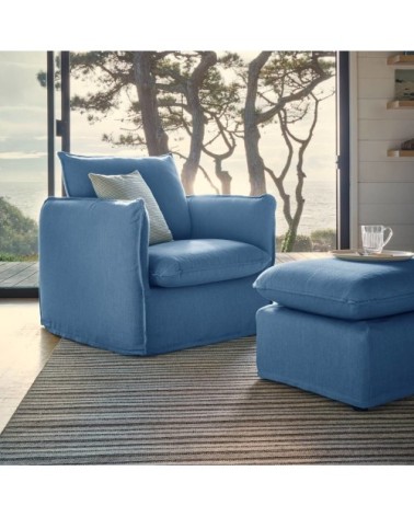 Fauteuil déhoussable en tissu effet lin bleu