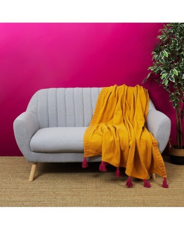 Jeté de canapé surpiqué pompons jaune 130x150cm