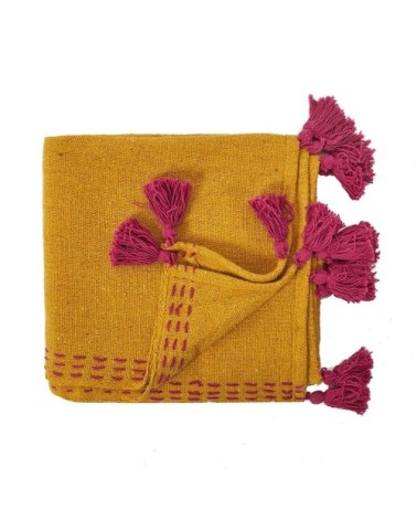 Jeté de canapé surpiqué pompons jaune 130x150cm