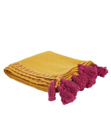 Jeté de canapé surpiqué pompons jaune 130x150cm